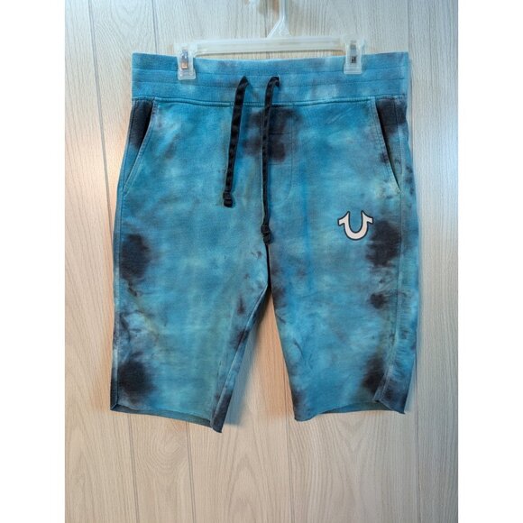 True Religion Tie Dye Sweat Shorts Small Blue White Logo Drawstring Casual Knit - Picture 1 of 5